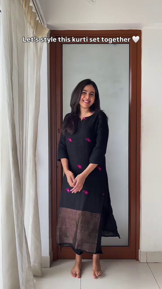 Elegant Black Kurti Set with Vibrant Pink Embroidery – Stylish Women’s Ethnic Wear