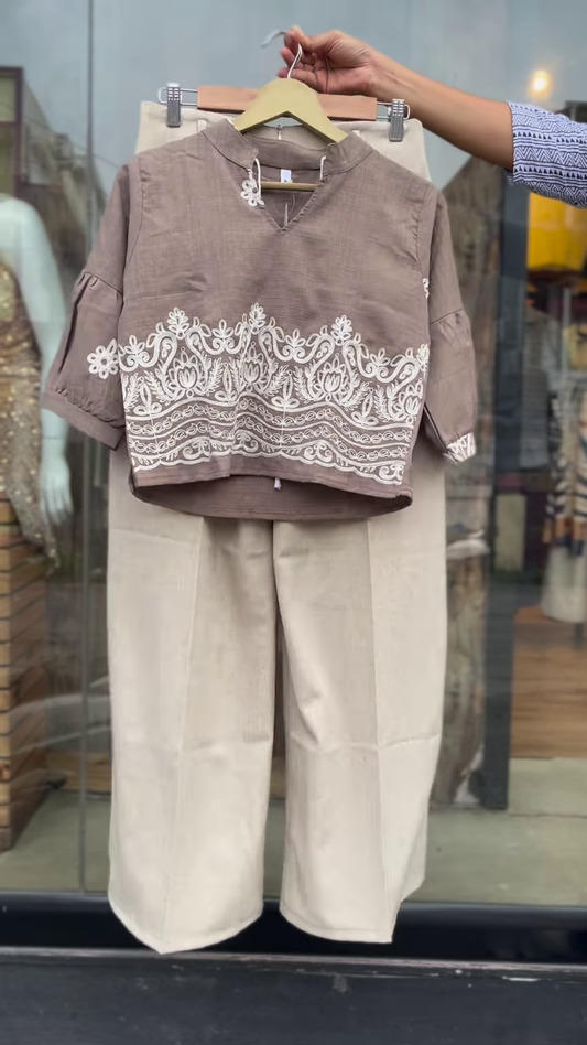 Elegant Taupe Co-ord Set with White Embroidered Details – Women’s Casual Chic Outfit