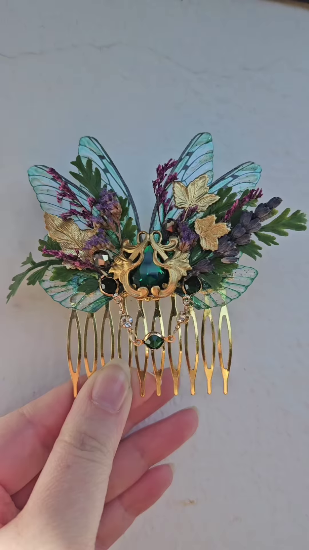 Fantasy Green Gem Fairy Wing Hair Comb”