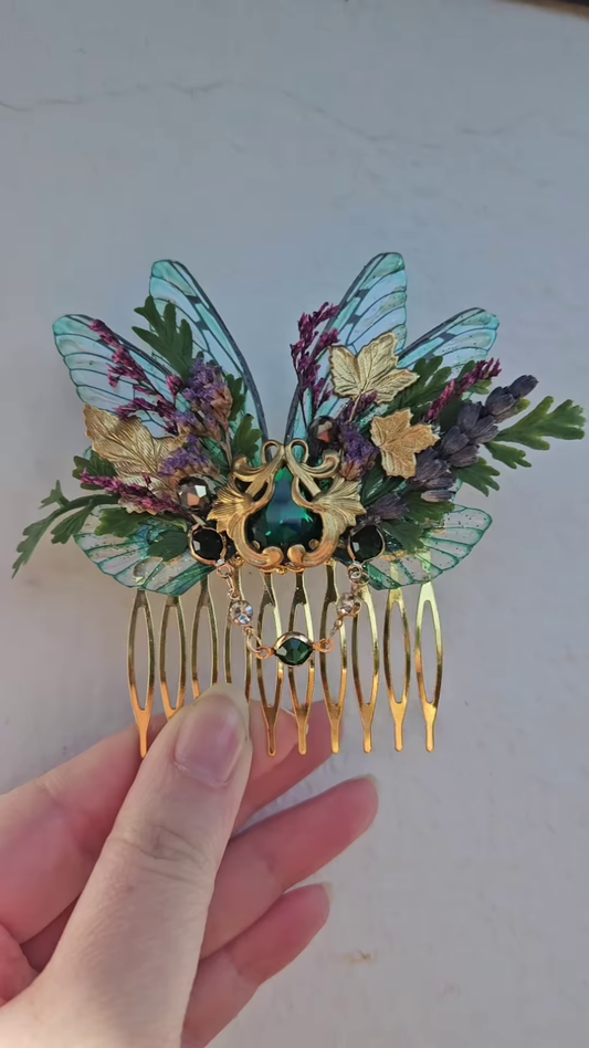 Fantasy Green Gem Fairy Wing Hair Comb”