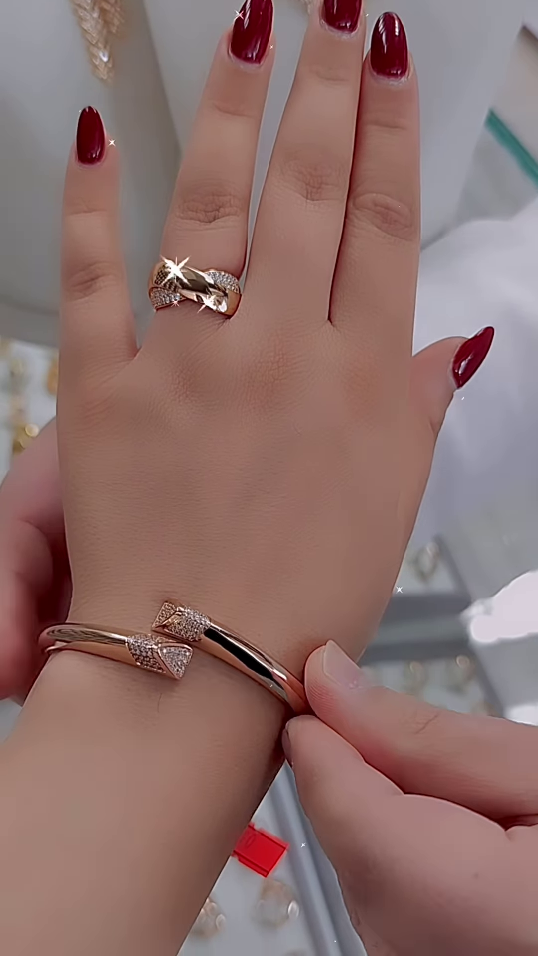 Elegant Rose Gold Bangle Bracelet and Ring Set with Delicate Accents