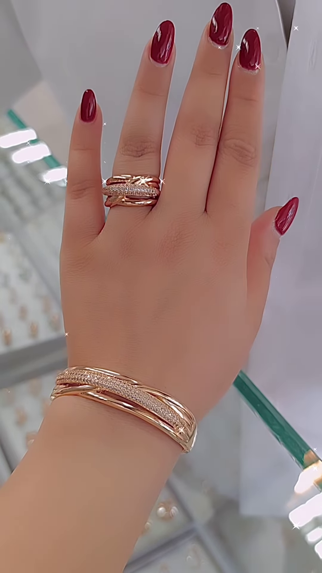 Elegant Rose Gold Bangle Bracelet and Ring Set with Delicate Accents