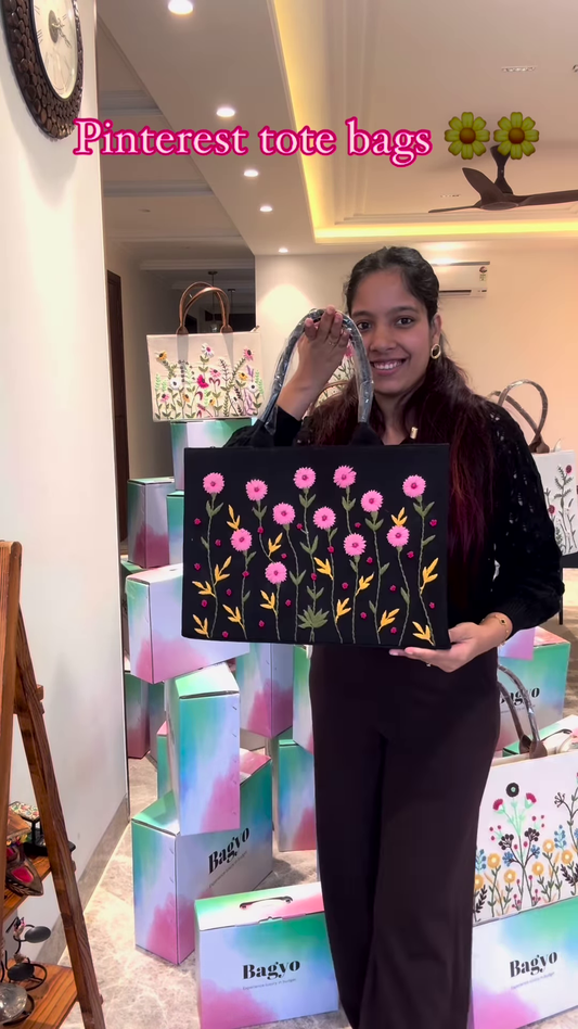 Elegant Black Tote Bag with Pink Floral Embroidery