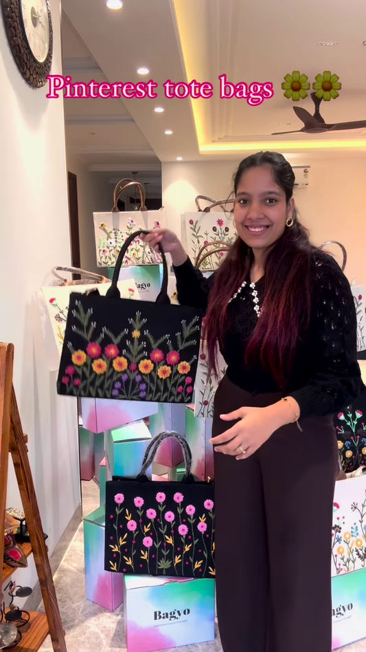 Elegant Black Tote Bag with Pink Floral Embroidery