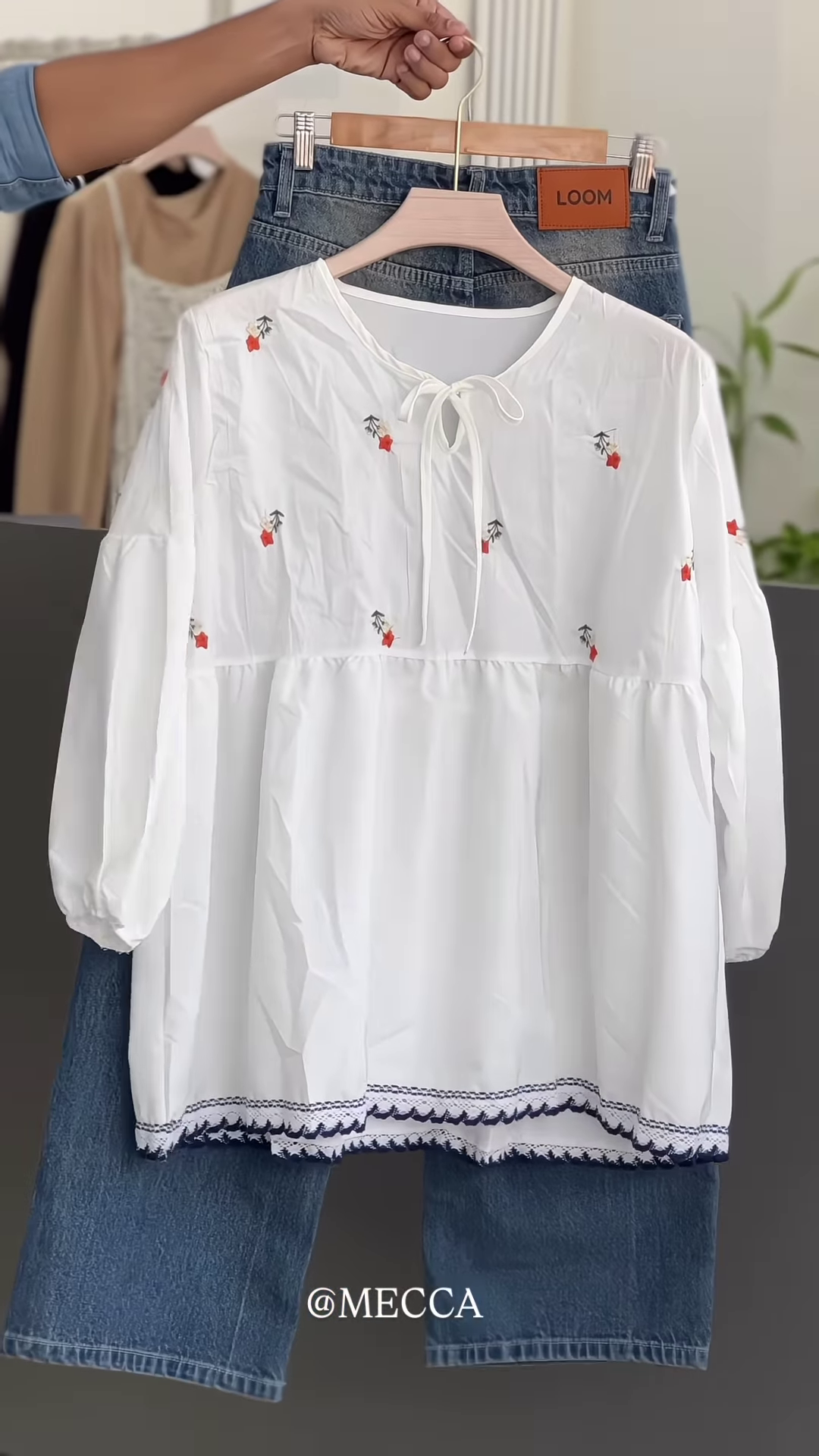๐ผ Bohemian White Embroidered Peasant Blouse & Relaxed Fit Jeans Ensemble ๐