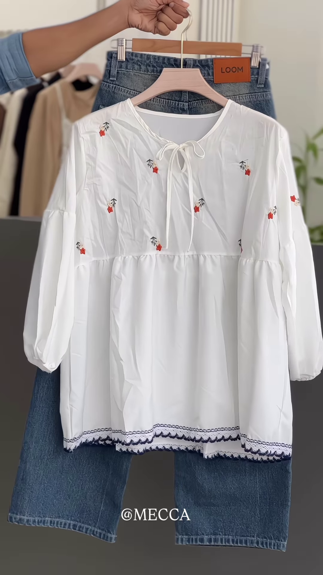๐ผ Bohemian White Embroidered Peasant Blouse & Relaxed Fit Jeans Ensemble ๐