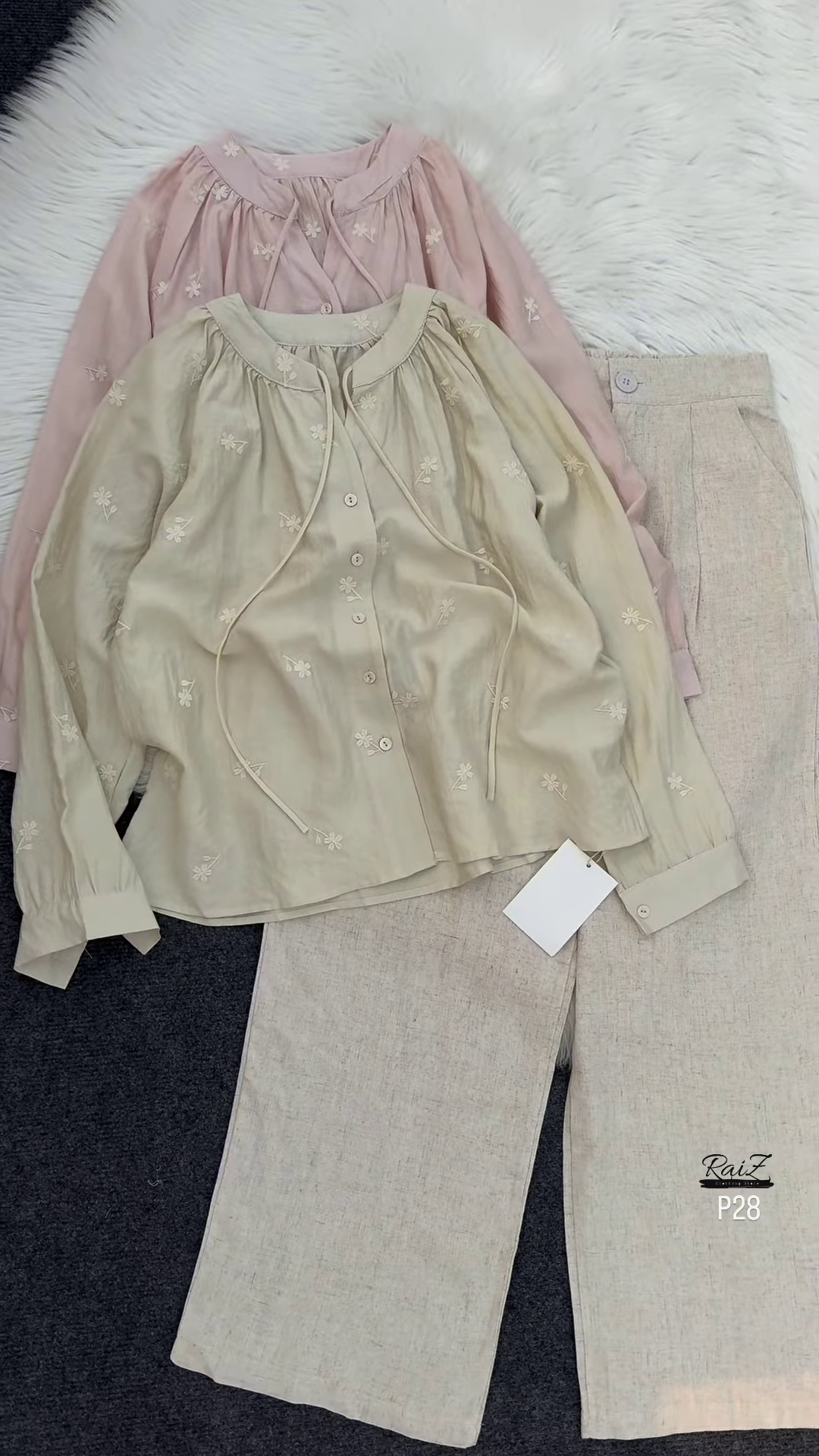 π Elegant Beige Embroidered Drawstring Blouse & Wide-Leg Pants Set πΏ