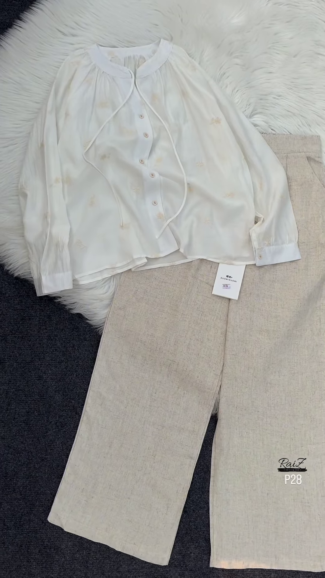 π Elegant Beige Embroidered Drawstring Blouse & Wide-Leg Pants Set πΏ