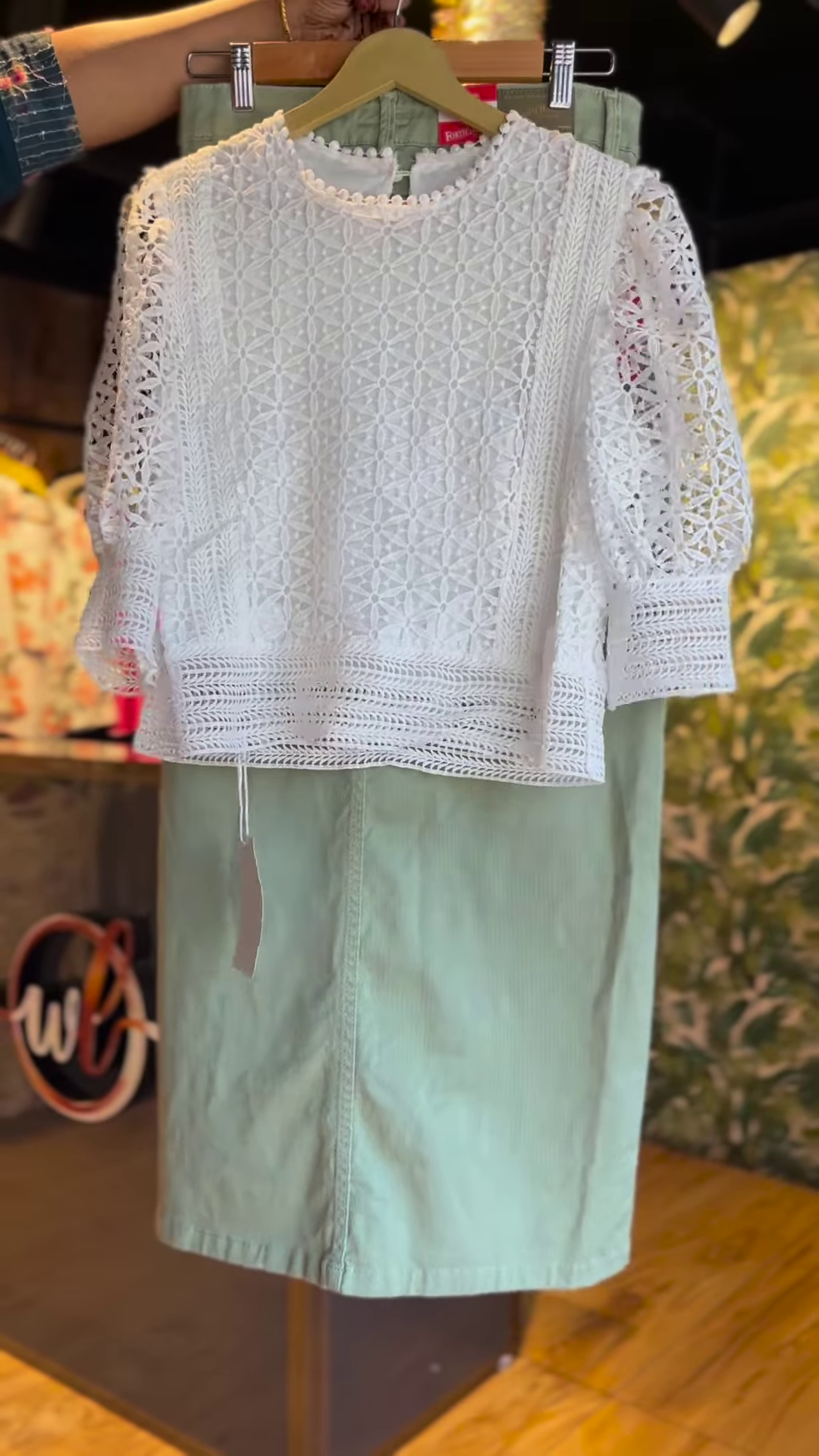 π Elegant White Crochet Lace Top & Soft Green Midi Skirt Ensemble πΏ