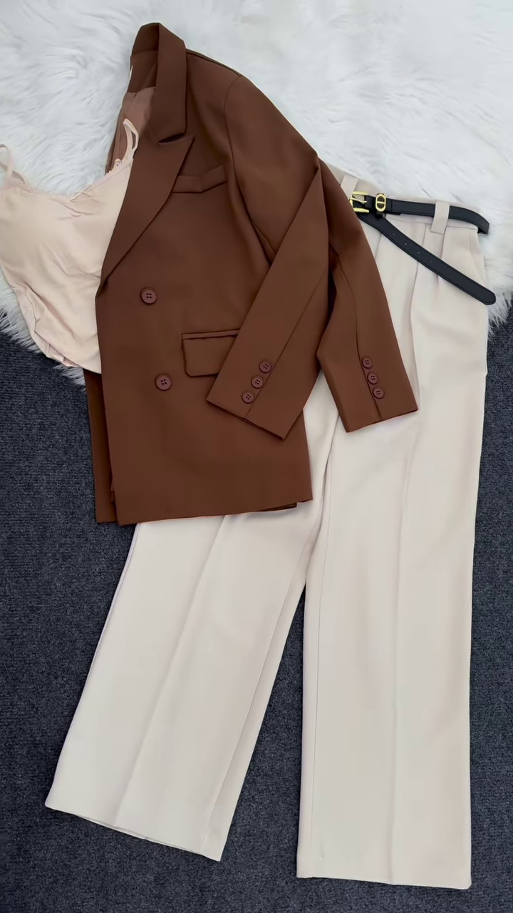 π· Sophisticated Burgundy Double-Breasted Blazer & Beige Pleated Pants Set π