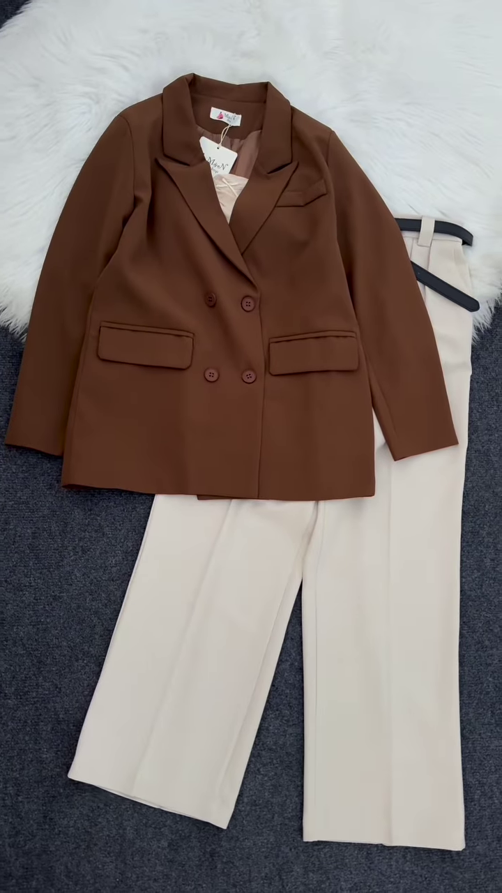π· Sophisticated Burgundy Double-Breasted Blazer & Beige Pleated Pants Set π