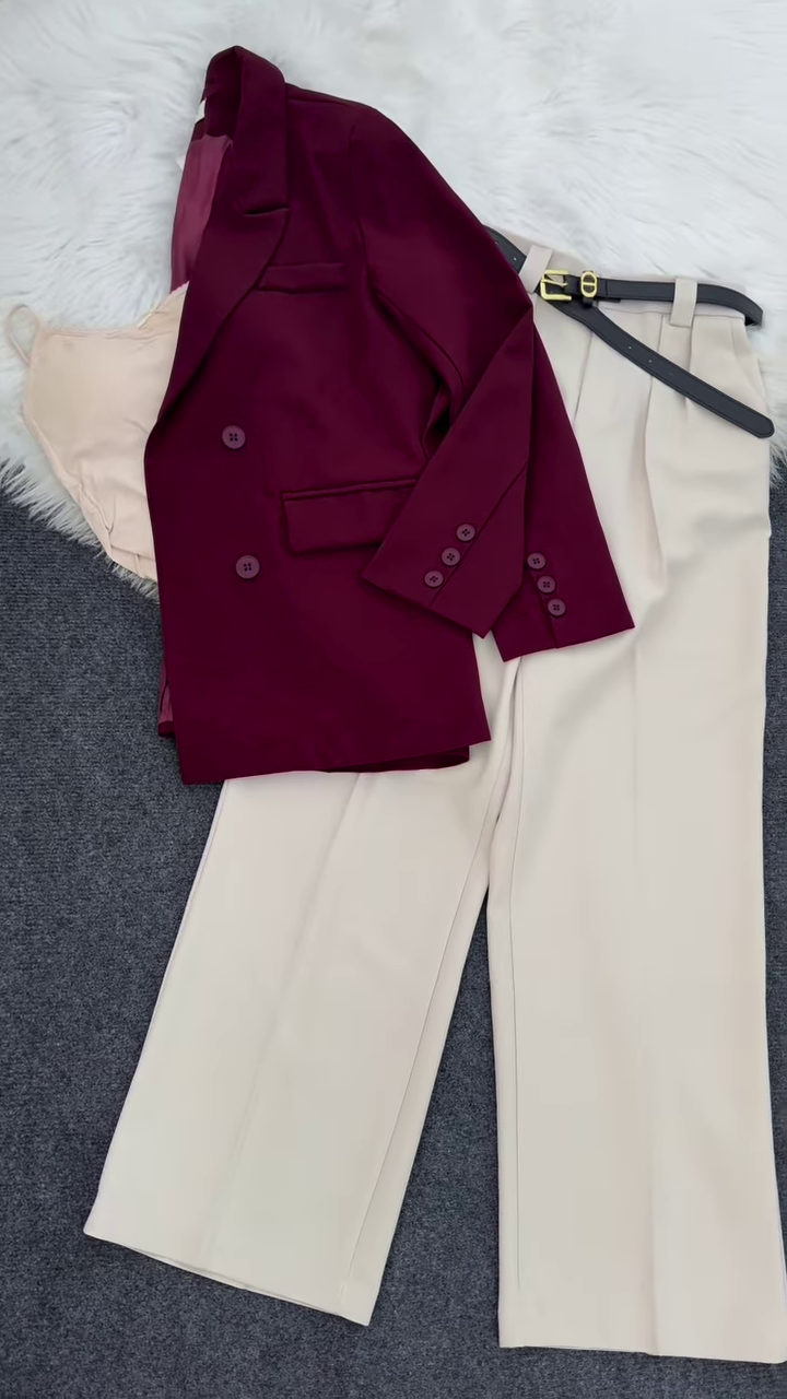 π· Sophisticated Burgundy Double-Breasted Blazer & Beige Pleated Pants Set π