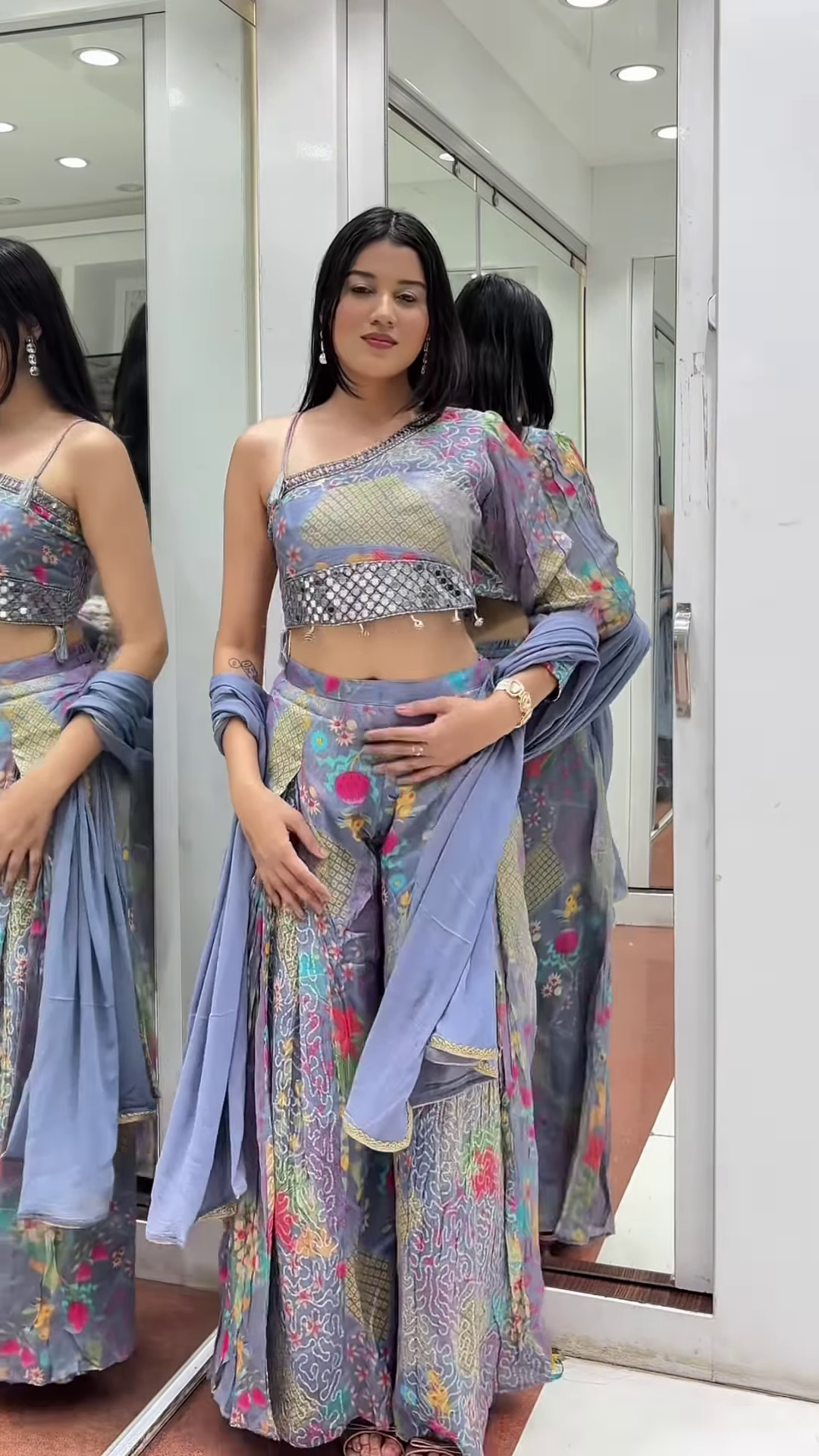 πΈ Vibrant Floral Print Palazzo Suit with Mirror Embellishments & Dupatta π