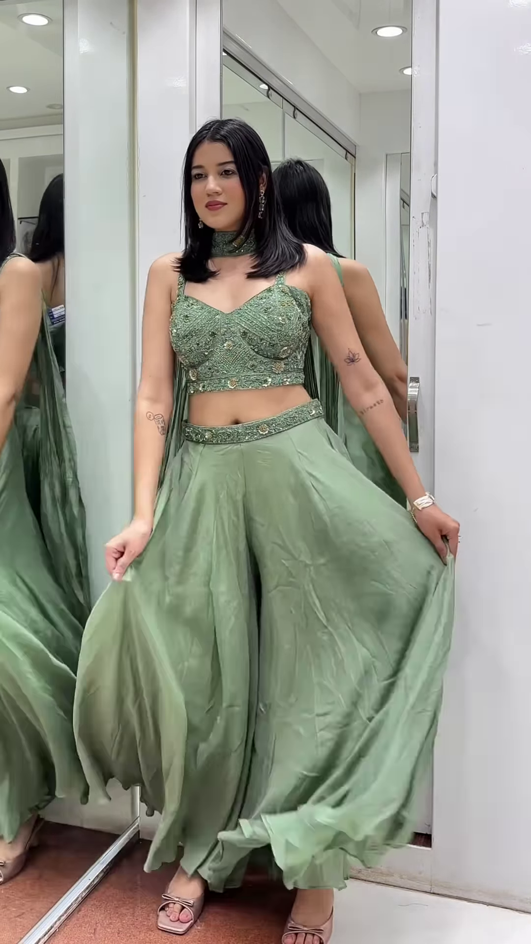 πΏ Ethereal Sage Green Embellished Crop Top & Flowing Palazzo Pants Set π