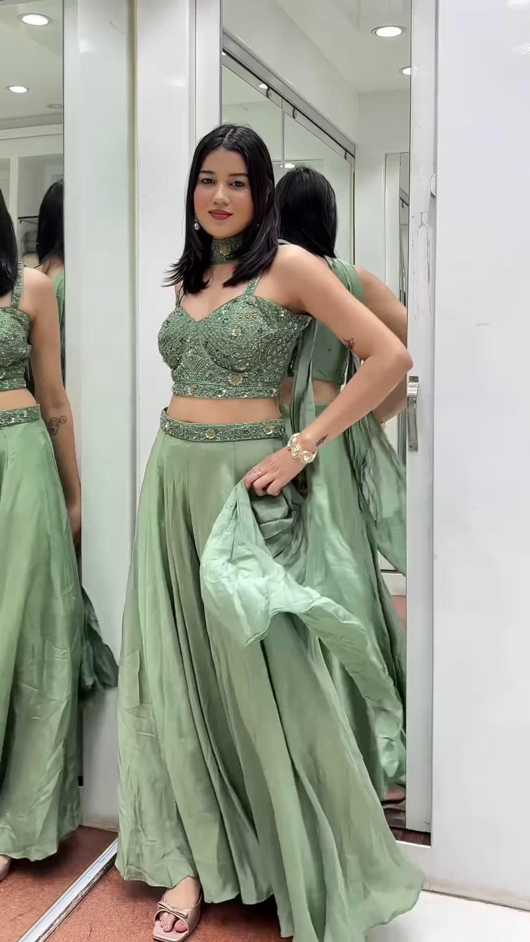 πΏ Ethereal Sage Green Embellished Crop Top & Flowing Palazzo Pants Set π