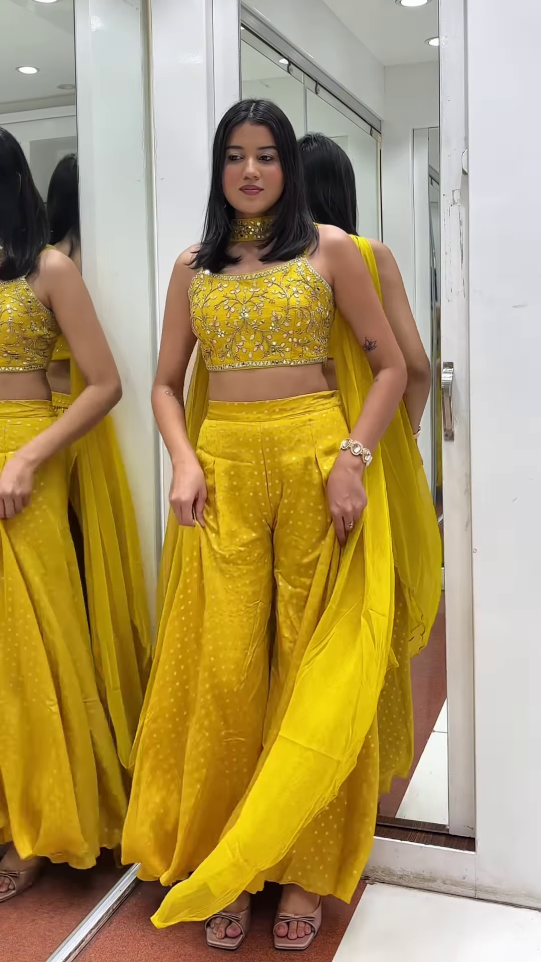 πΏ Ethereal Mint YELLOW Embellished Crop Top, Shrug & Pleated Palazzo Pants Set π