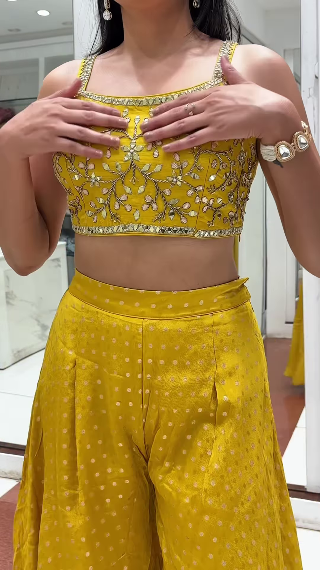πΏ Ethereal Mint YELLOW Embellished Crop Top, Shrug & Pleated Palazzo Pants Set π