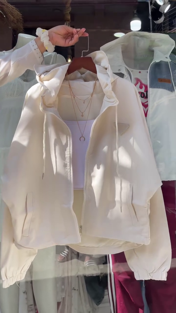 Beige Hooded Jacket with White Tank Top – Layered Casualwear for Women