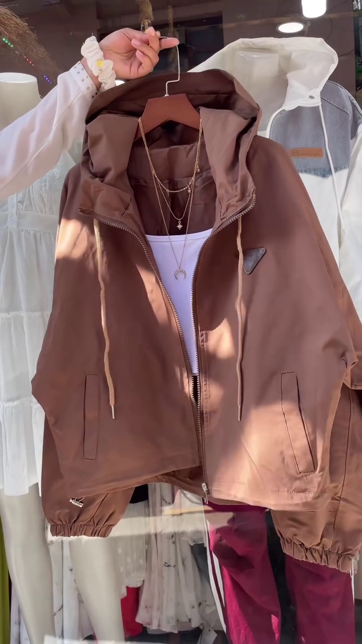 Beige Hooded Jacket with White Tank Top – Layered Casualwear for Women