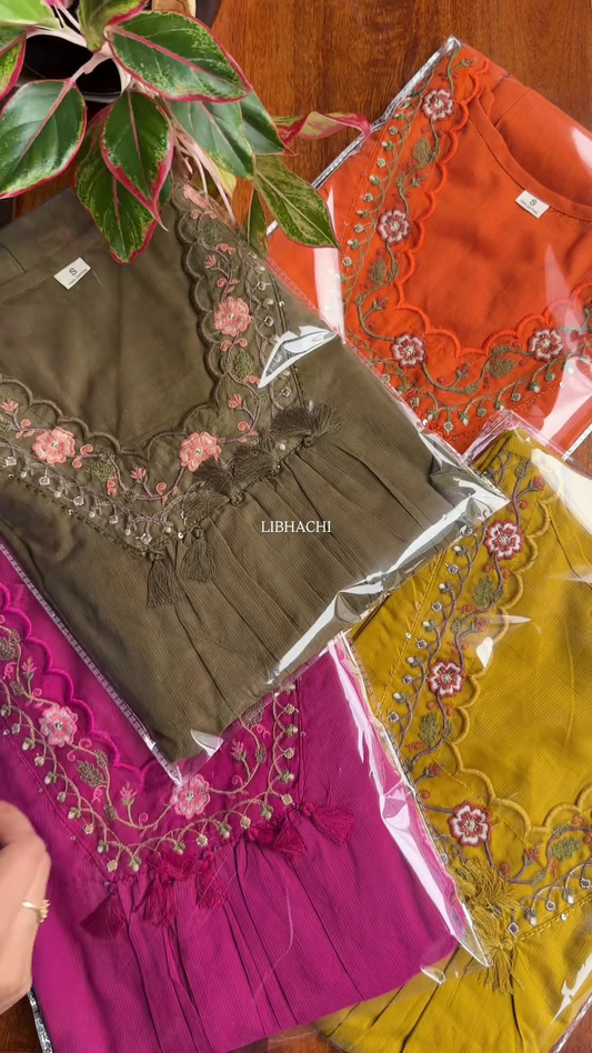 Green Pleated Kurta with Pink Floral Embroidery – Festive Ethnicwear for Women