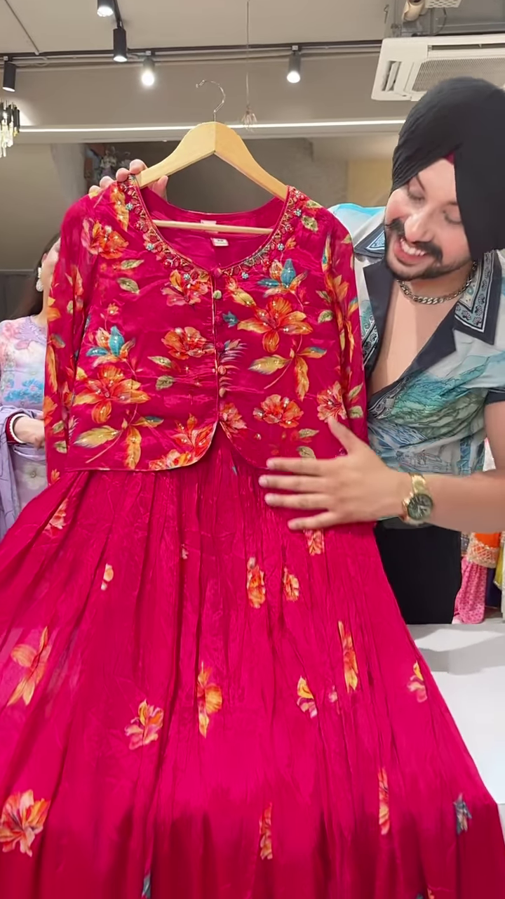 Bright Red Floral Printed Ethnic Dress with Coordinated Jacket for Women