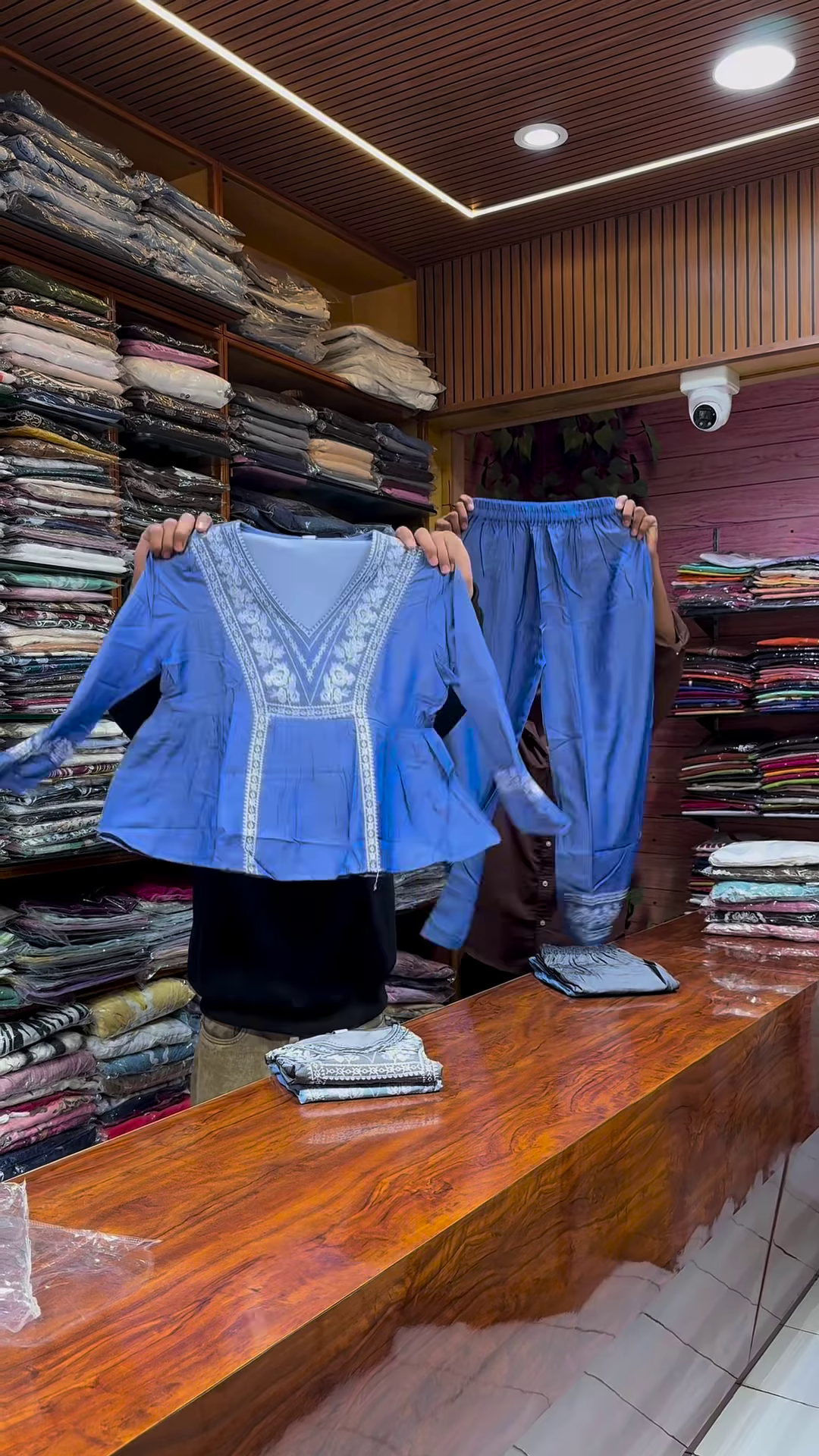 Blue Embroidered Long-Sleeve Top and Matching Pants Set with White Threadwork