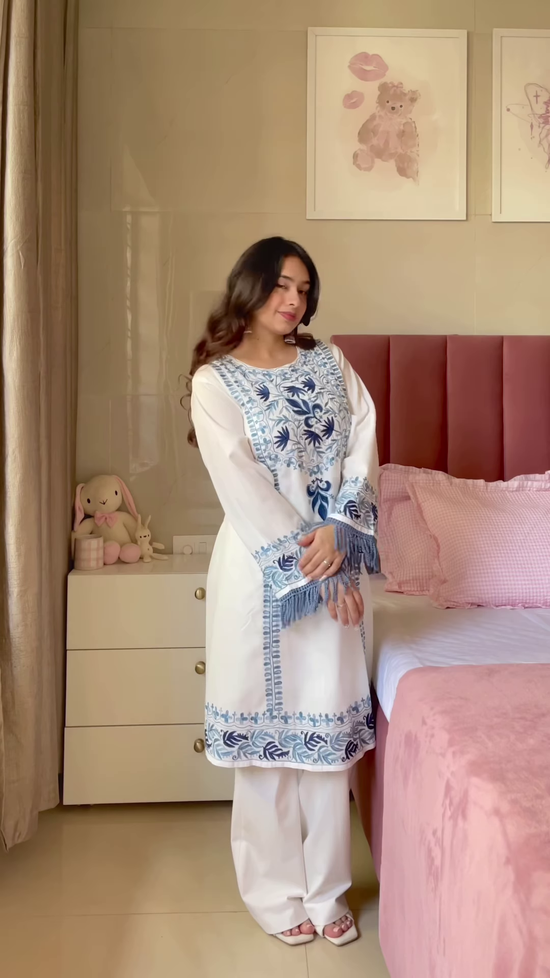 Purple Floral Embroidered Tunic with Light Blue Pants – Elegant Ethnic Co-Ord Set for Women