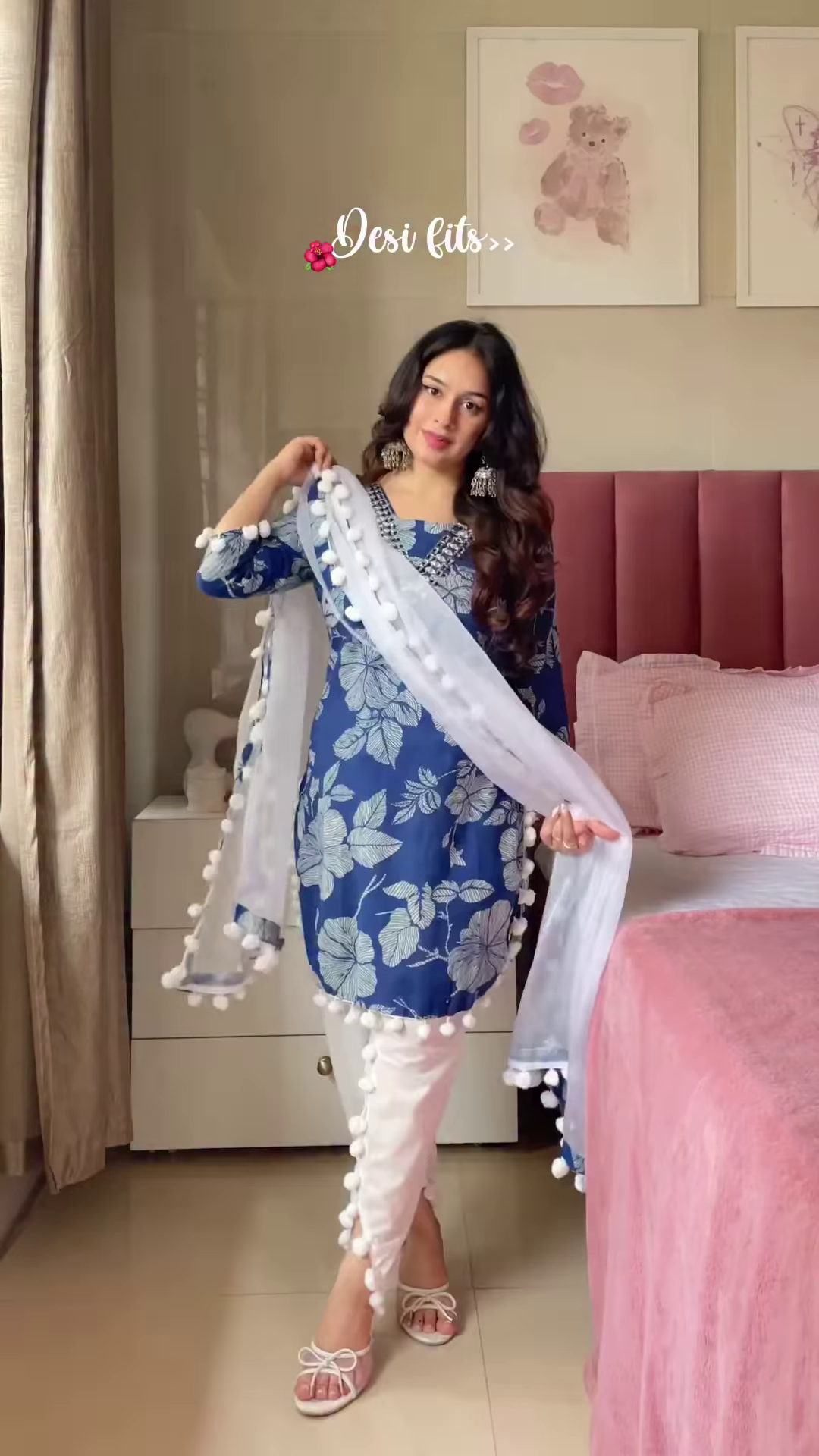 Blue Floral Kurta Set with Pom-Pom Dupatta – Ethnic Casualwear for Women