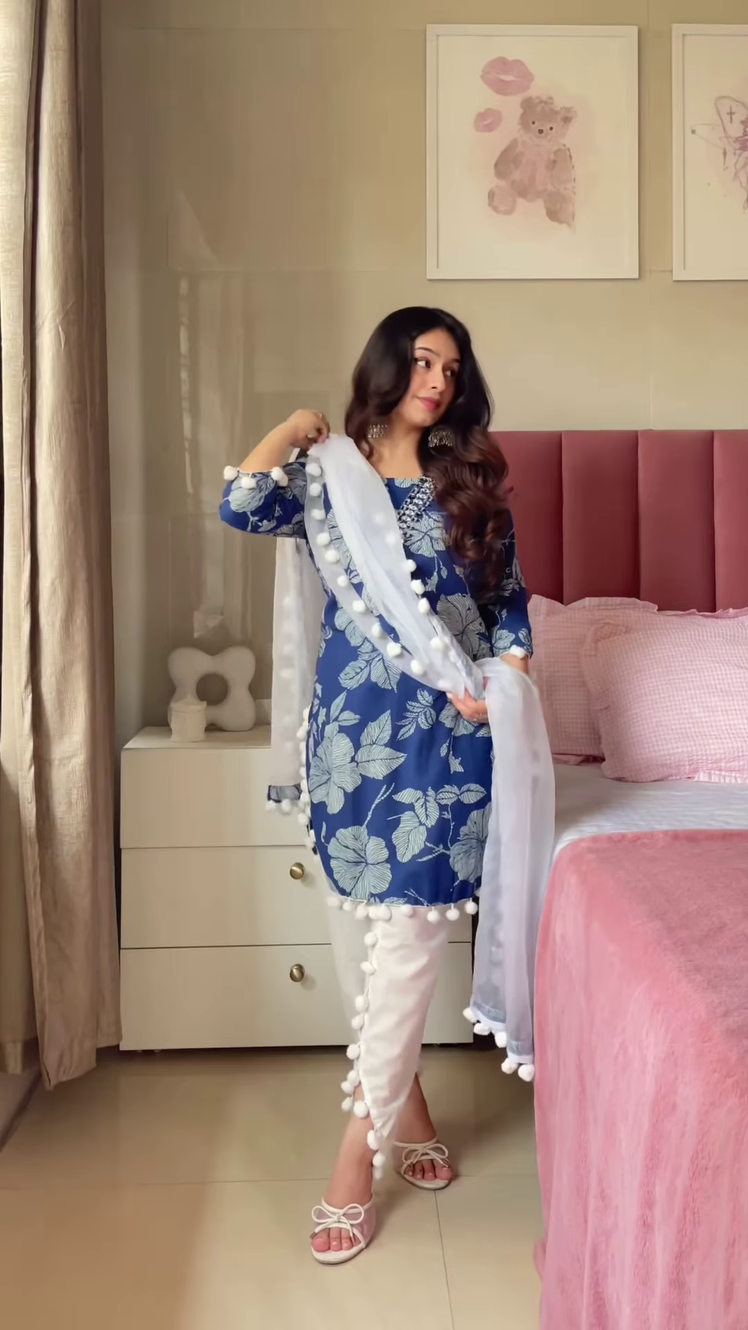 Blue Floral Kurta Set with Pom-Pom Dupatta – Ethnic Casualwear for Women
