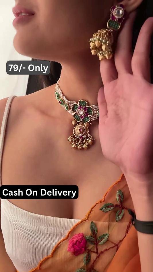 Elegant Floral Kundan Necklace and Jhumka Earrings Set with Pearl Accents