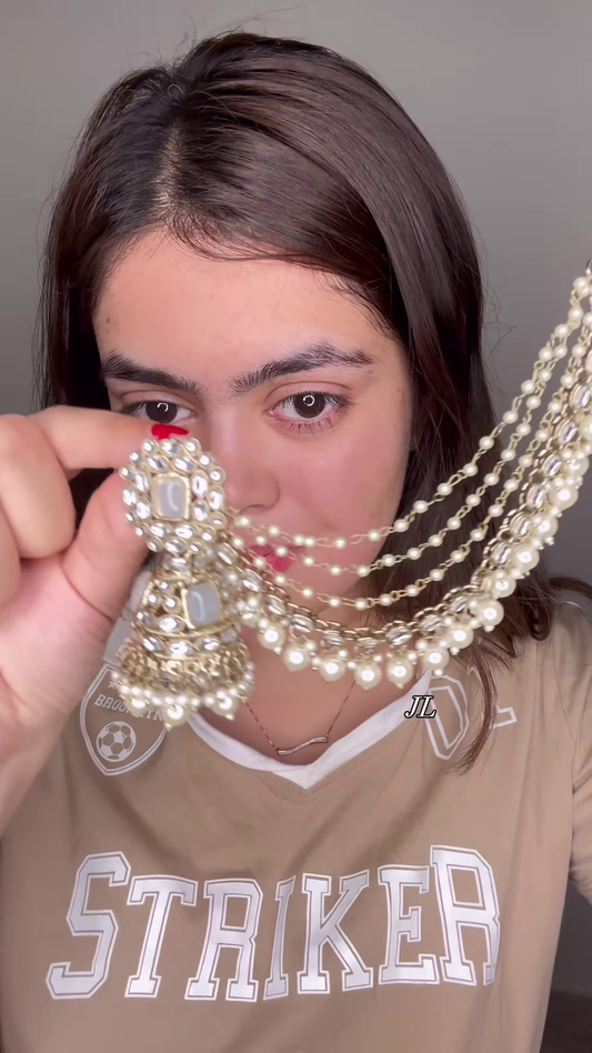 Elegant Gold-Toned Jhumka Earrings with Kundan, Colorful Beads, and Multi-Chain Pearl Earchain