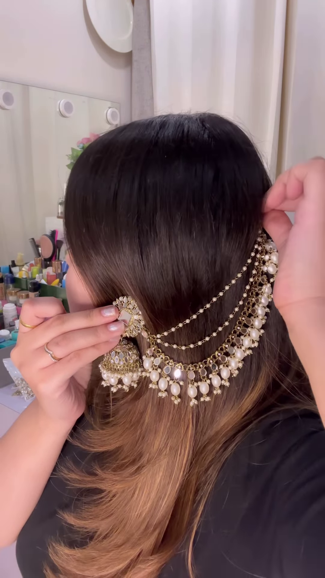 Elegant Gold-Toned Jhumka Earrings with Kundan and Multi-Strand Pearl Earchain