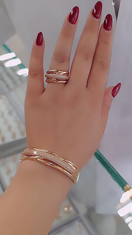 Elegant Rose Gold-Toned Ring and Bangle Set with Pave Crystal Accents