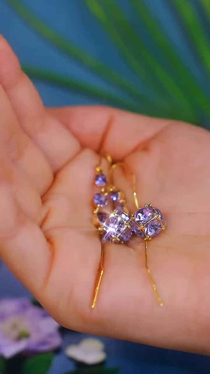 Elegant Gold-Toned Dangling Earrings with Purple Gemstone Clusters and Delicate Wirework