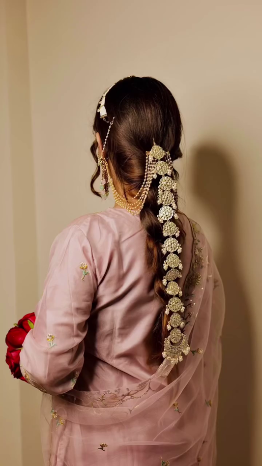 Elegant Bridal Hair Accessory (Matha Patti/Jhoomar) with Intricate Gold-Toned and Pearl Detailing