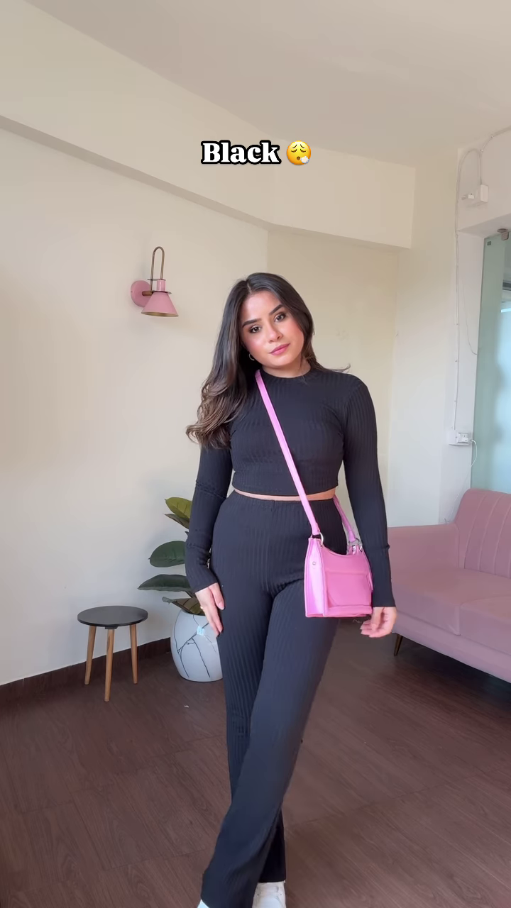 Chic Teal Ribbed Knit Co-ord Set with Cropped Turtleneck and Wide-Leg Pants