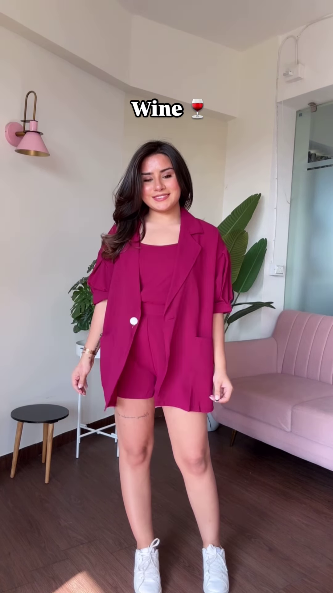 Chic Baby Pink Three-Piece Co-ord Set with Cropped Top, Shorts, and Blazer