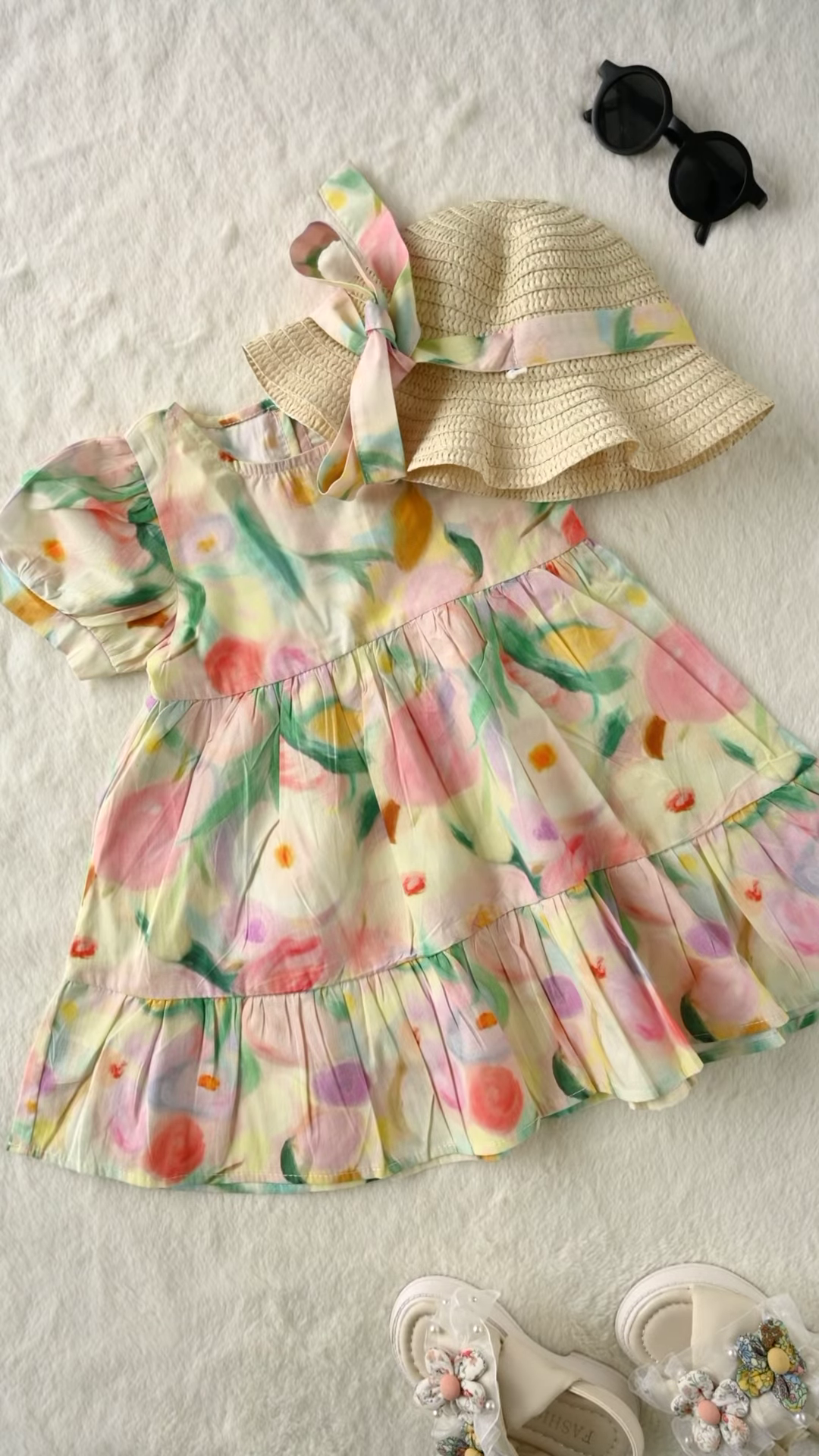 Sweet Baby Girl Summer Outfit Set: Floral Dress, Straw Hat, and Sandals