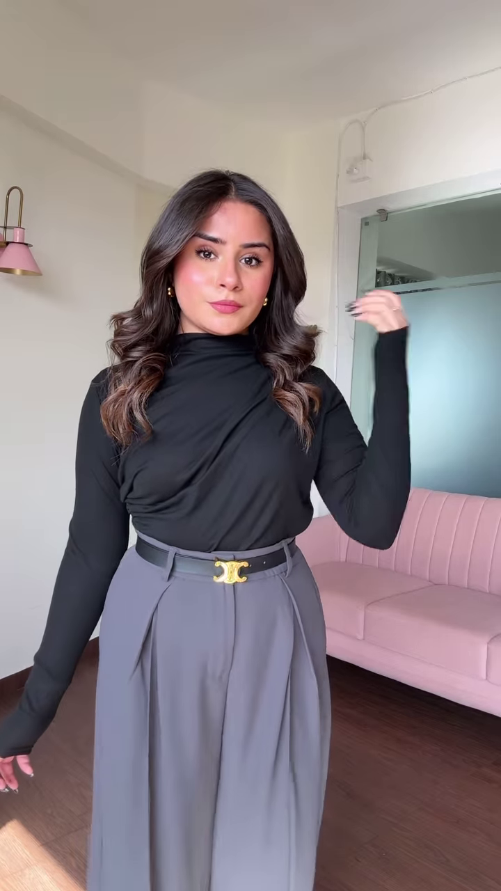 Chic Women’s Outfit: Blue Mock Neck Long Sleeve Top and High-Waisted Black Wide-Leg Pants