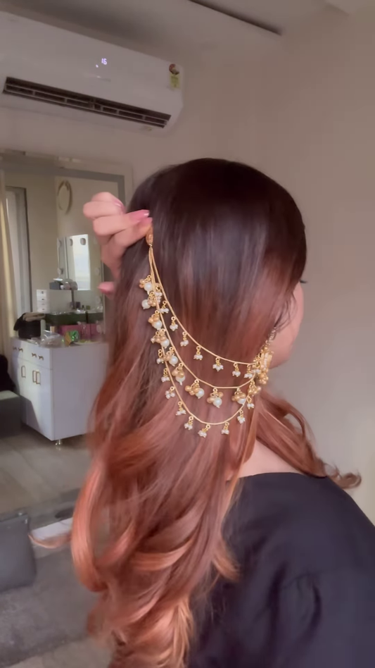 Elegant Gold-Toned Ear Chain (Kaan Chain/Mattal) with Kundan and Pearl Drops