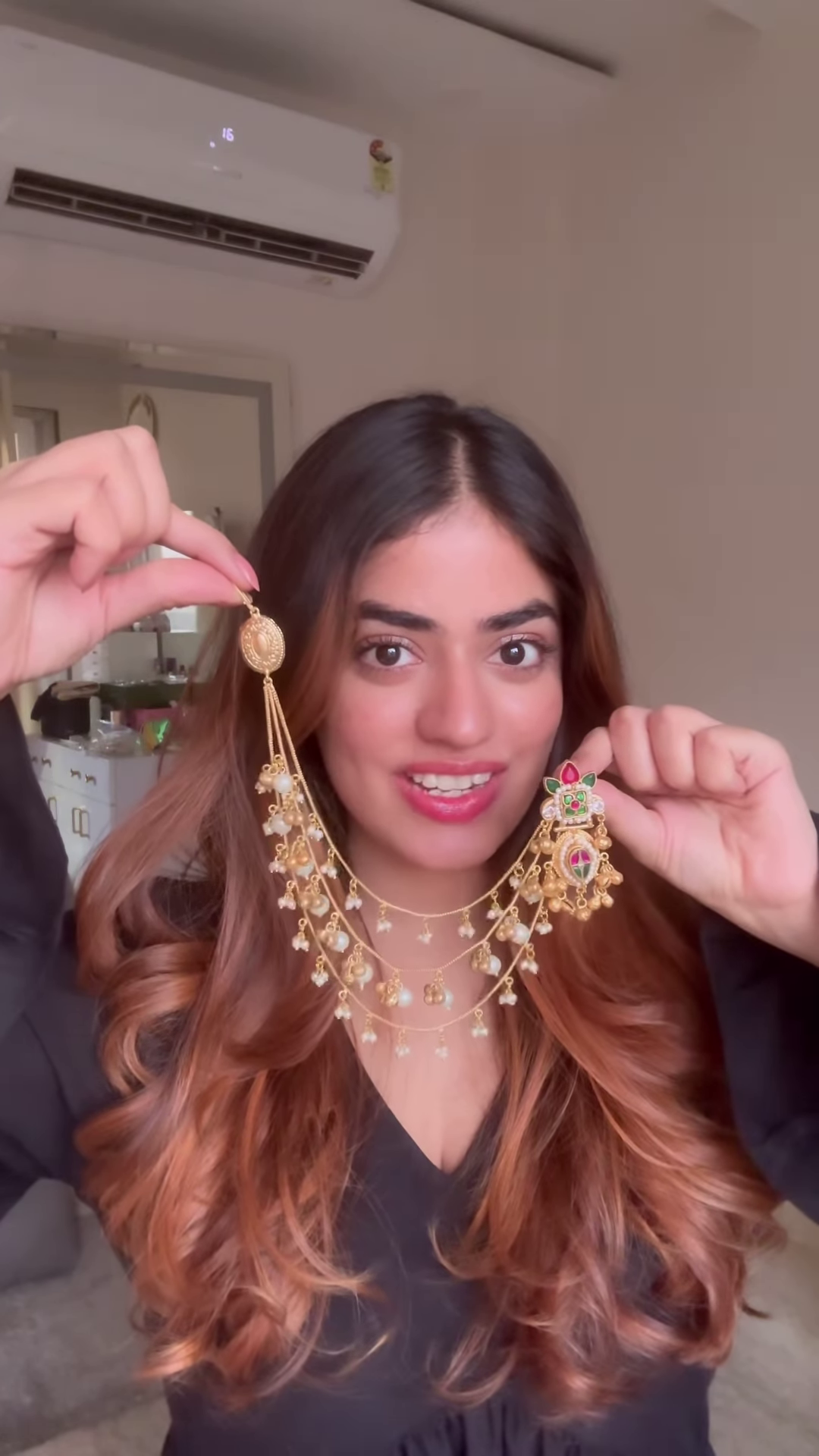 Elegant Gold-Toned Ear Chain (Kaan Chain/Mattal) with Kundan and Pearl Drops