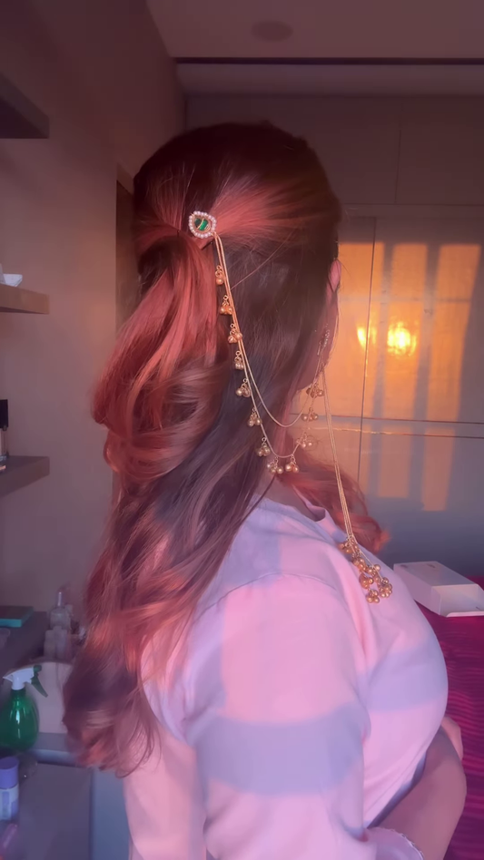 Elegant Gold-Toned Ear Chains (Kaan Chains/Mattals) with Gemstones and Jhumka Details