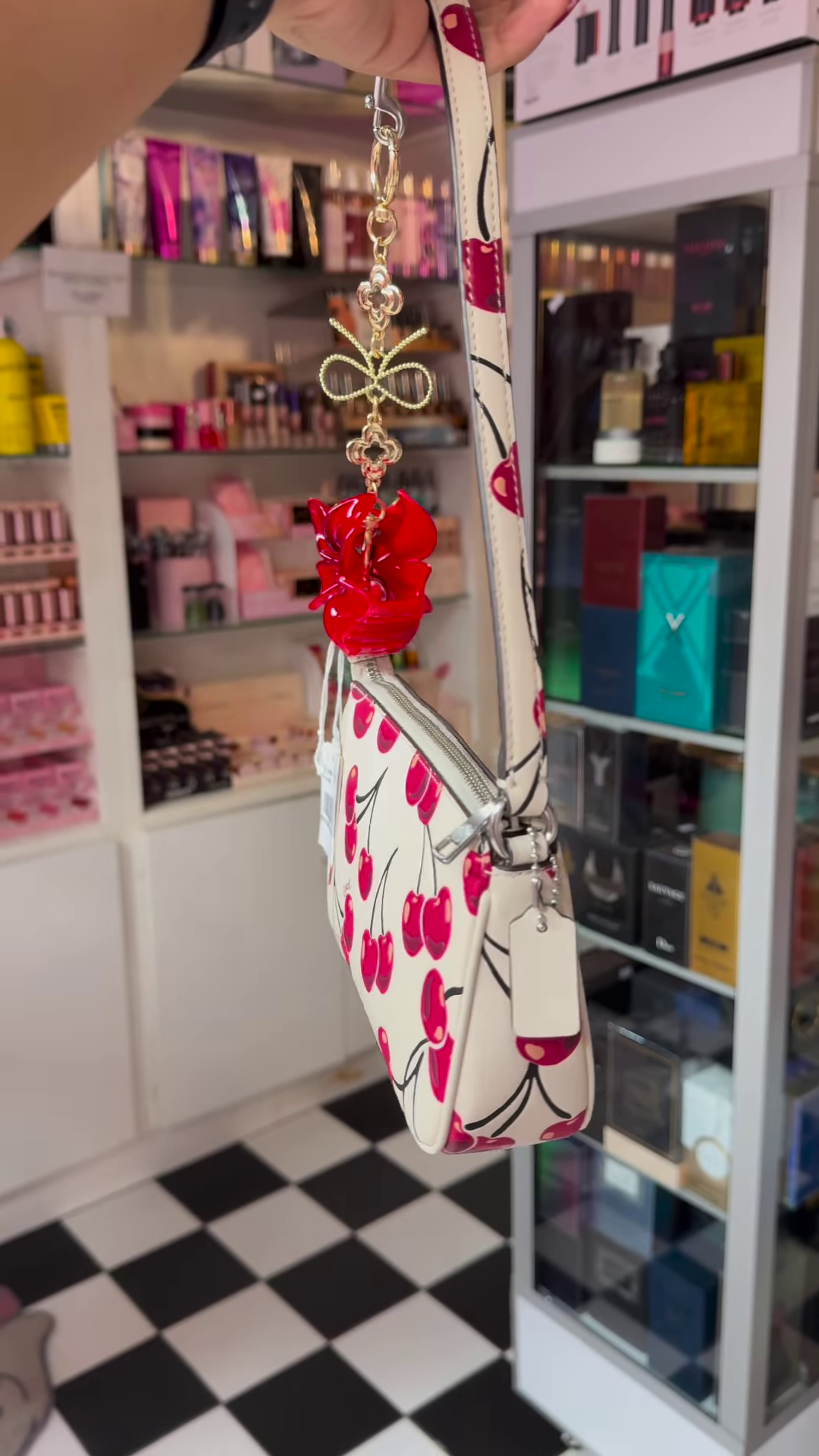 Wristlet with Cherry Print and Red Flower Charm
