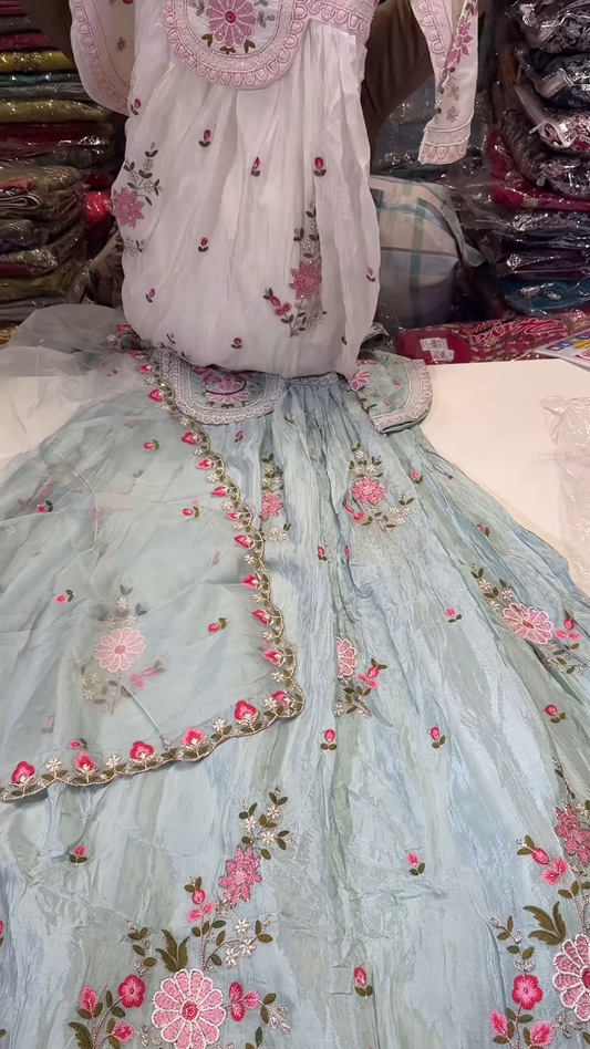 Elegant White Anarkali Kurta with Pink Floral Embroidery and Sheer Sleeves