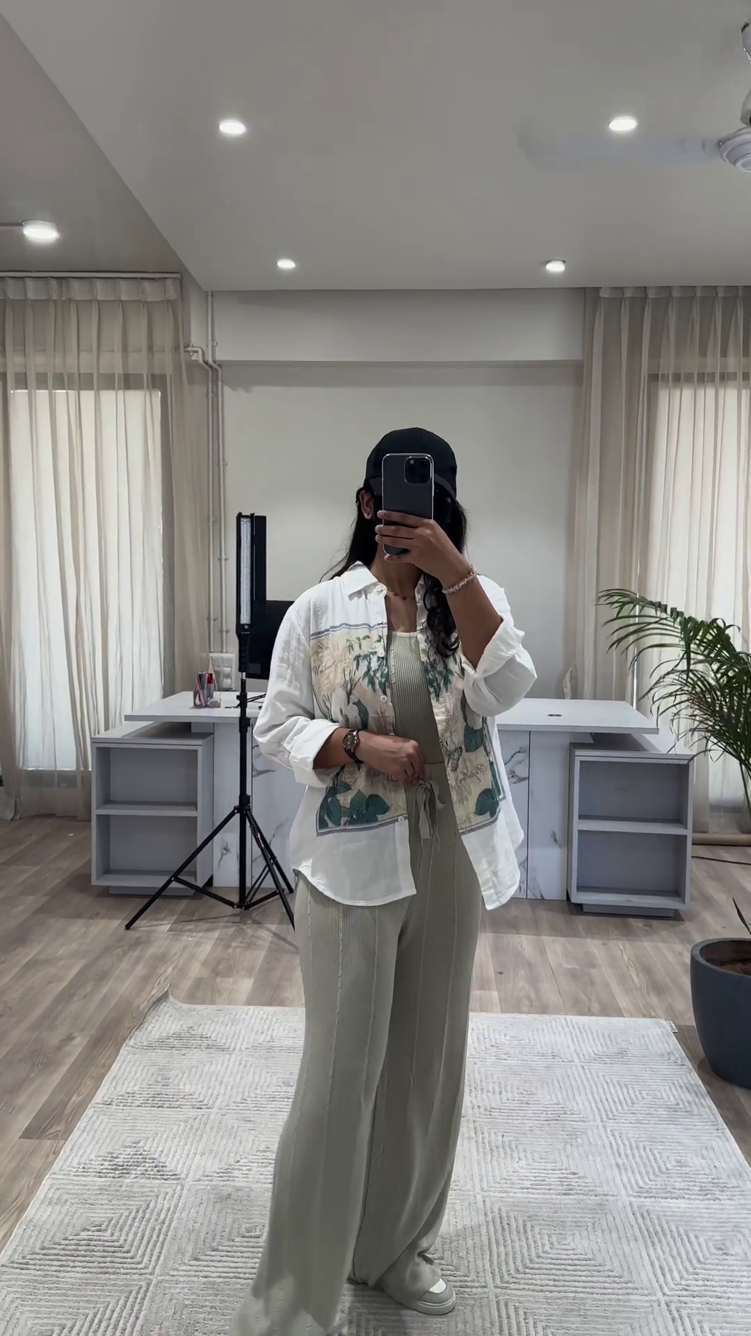 Bohemian Chic Outfit: Patterned Overshirt, Knit Top, and Wide-Leg Pants