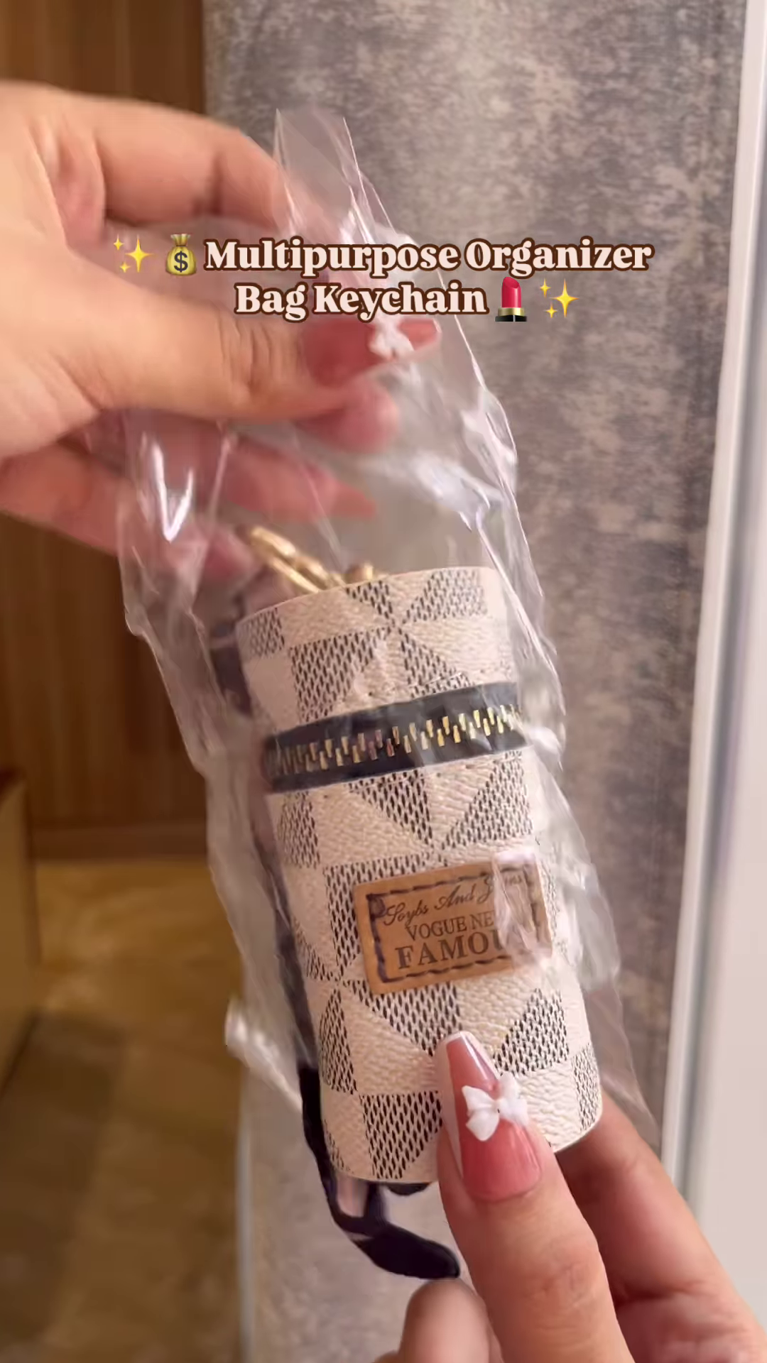 Compact Cylinder Keychain Bag with Zipper and Decorative Scarf