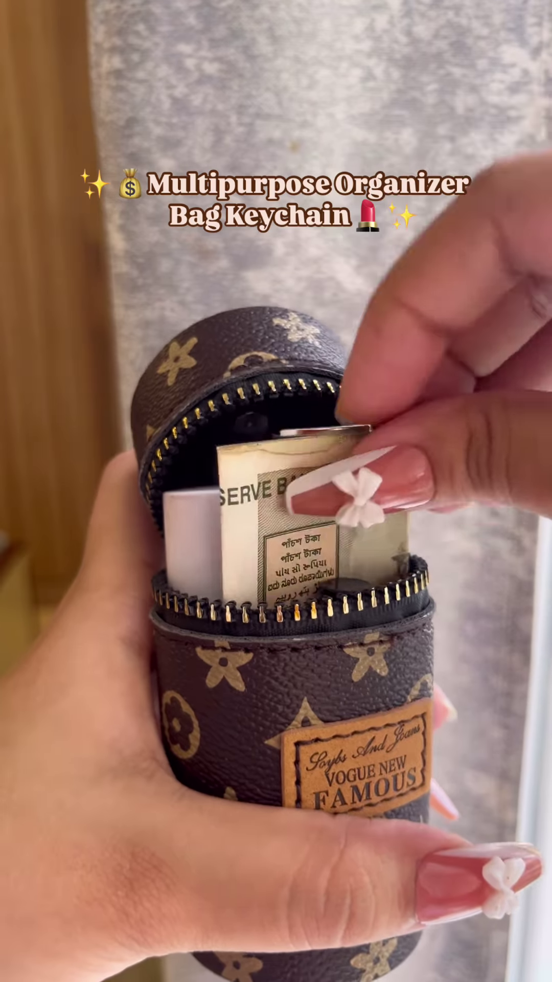 Compact Cylinder Keychain Bag with Zipper and Decorative Scarf