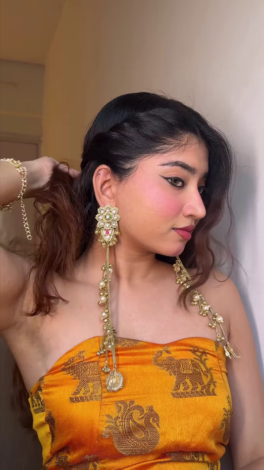 Elegant Gold-Toned Ear Chains (Kaan Chains/Mattals) with Floral Design and Pearl Drops