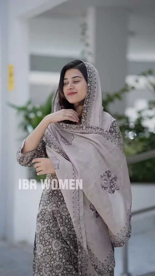 Elegant Printed Kurta Set with Coordinating Dupatta and Solid Pants