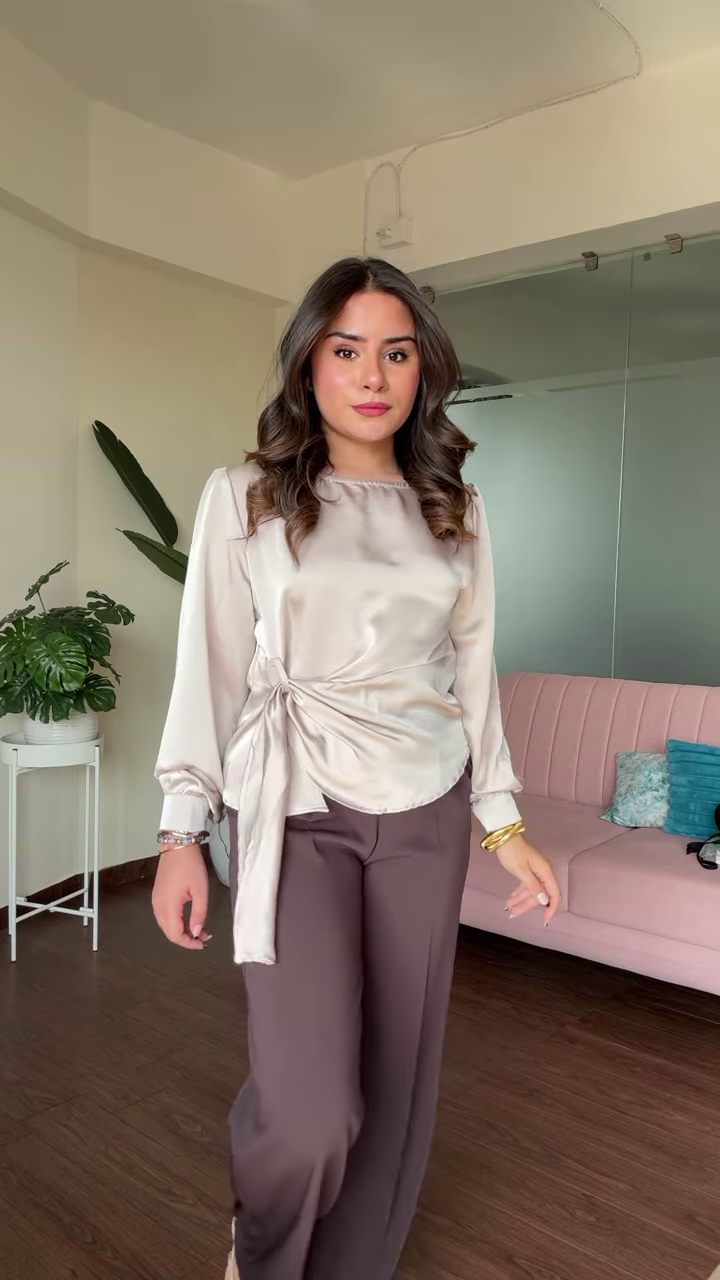 Elegant Satin Blouse with Twisted Front Detail and Long Sleeves